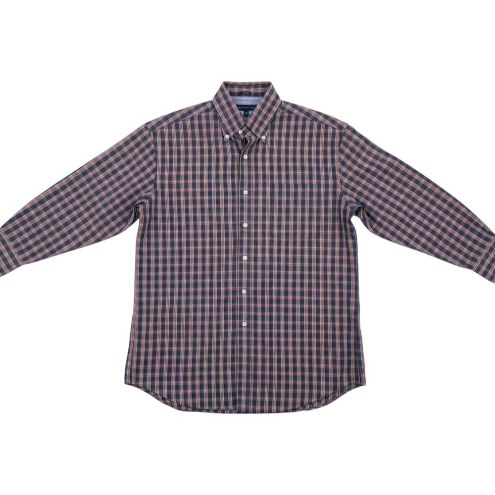 Tommy Hilfiger Mens Large Regular Fit Plaid Button Down Shirt Navy Blue Red 434